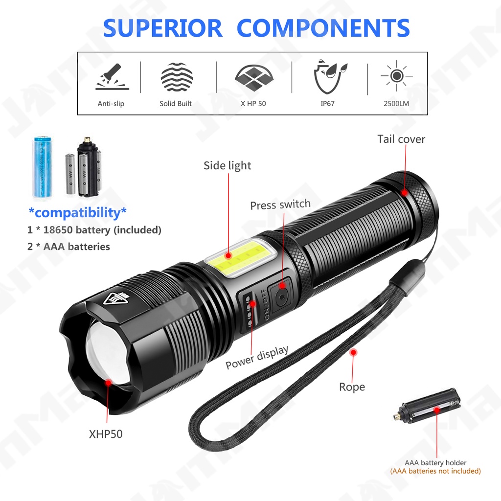 Đèn Pin XHP50 Siêu Sáng 6 Chế Độ Sáng Chống Thấm Nước Tiện Dụng