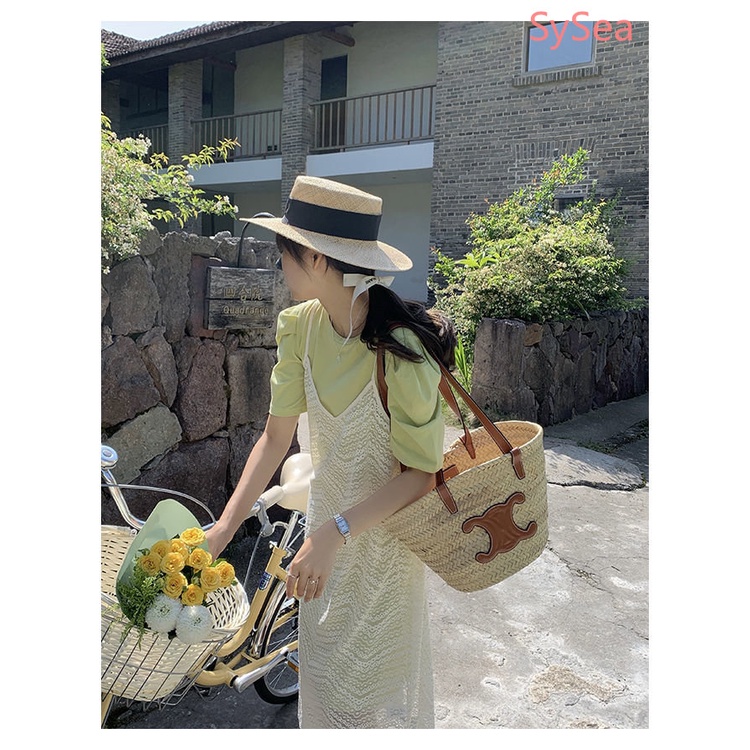 Đầm Chữ A Màu Xanh Lá + Áo Hai Dây Khoét Lỗ Phong Cách Thời Trang Pháp Dành Cho Nữ