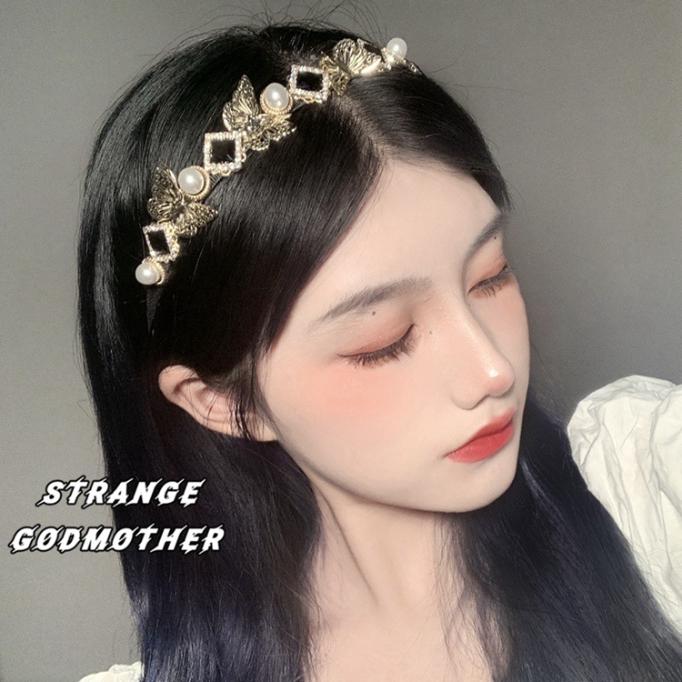 Cài tóc hồ điệp kim loại màu vàng đính đá màu đen viền đá phối ngọc viền kim loại sang chảnh và cá tính cho nữ