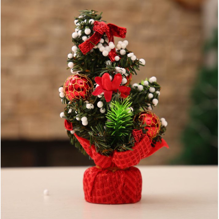 Cây thông noel mini 20cm kèm nơ/ hoa/ quả cầu trang trí tùy chọn màu sắc