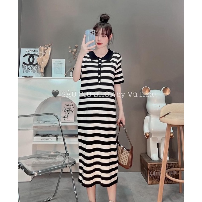 Đầm Len Kẻ Ngang Cổ Bẻ Dáng Dài Siêu Hot