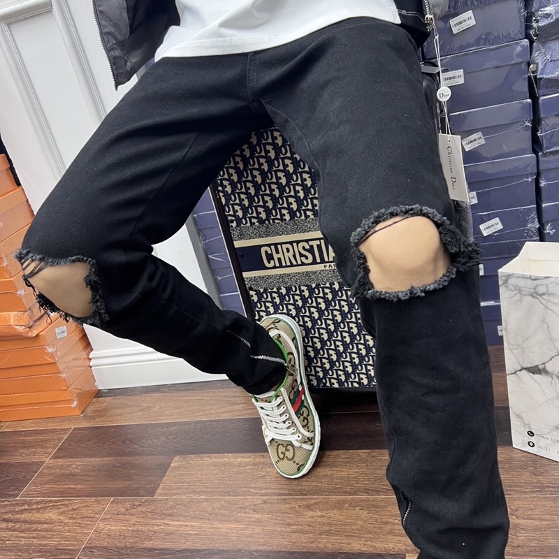 Quần Jean Dài Nam Màu Đen Rách 2 Gối Phong Cách Thời Trang Cao Cấp, From Dáng Skinny