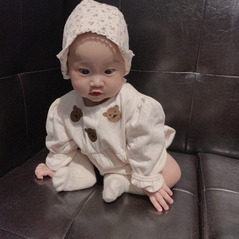 Bodysuit Dài Tay Thêu Gấu Nâu Cho Bé Gái 0-2 Tuổi Cực Đẹp Hãng Jennybebe Quảng Châu Cao Cấp