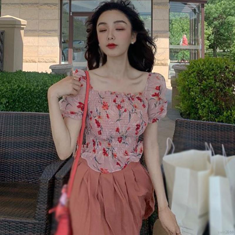 Áo Crop top Vải Voan Tay Ngắn Phồng In Họa Tiết Hoa Phong Cách Hàn Quốc Quyến Rũ Dành Cho Nữ