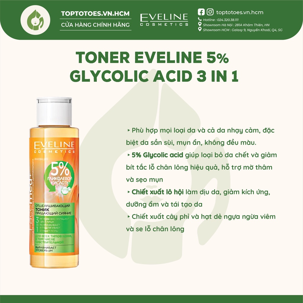 Toner Eveline 5% Glycolic acid làm da căng bóng, sáng mịn, mờ thâm sạm