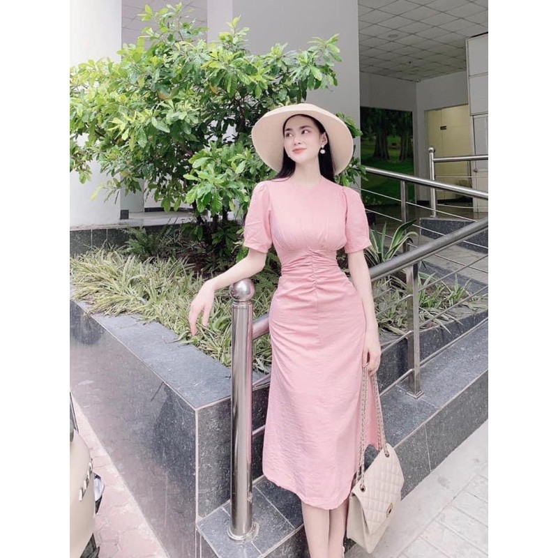 Đầm dự tiệc trắng nhíu eo tay phồng