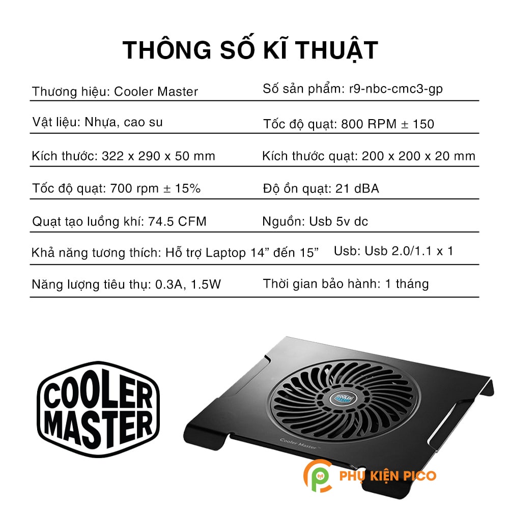 Đế tản nhiệt laptop, máy tính bảng chính hãng Cooler Master Notepal CMC3 ( Phụ kiện Pico )