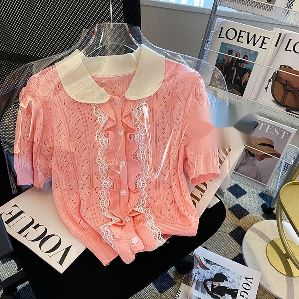 Áo Thun Tay Ngắn Phồng Cổ Polo Phối Ren Thời Trang Mùa Hè