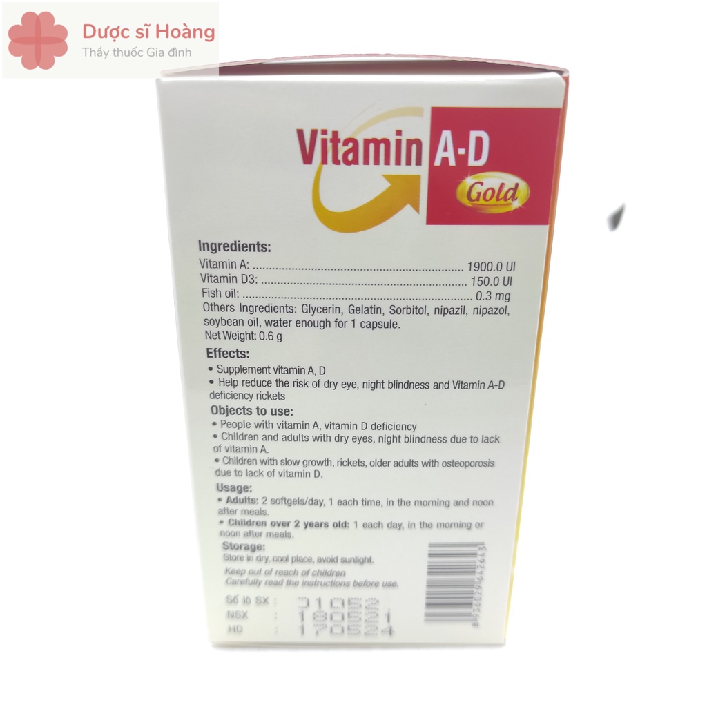 Vitamin A D Gold - Hỗ Trợ Giảm Khô Mắt,Quáng Gà và Còi Xương ở Trẻ Em, Loãng Xương -Hộp 100 viên