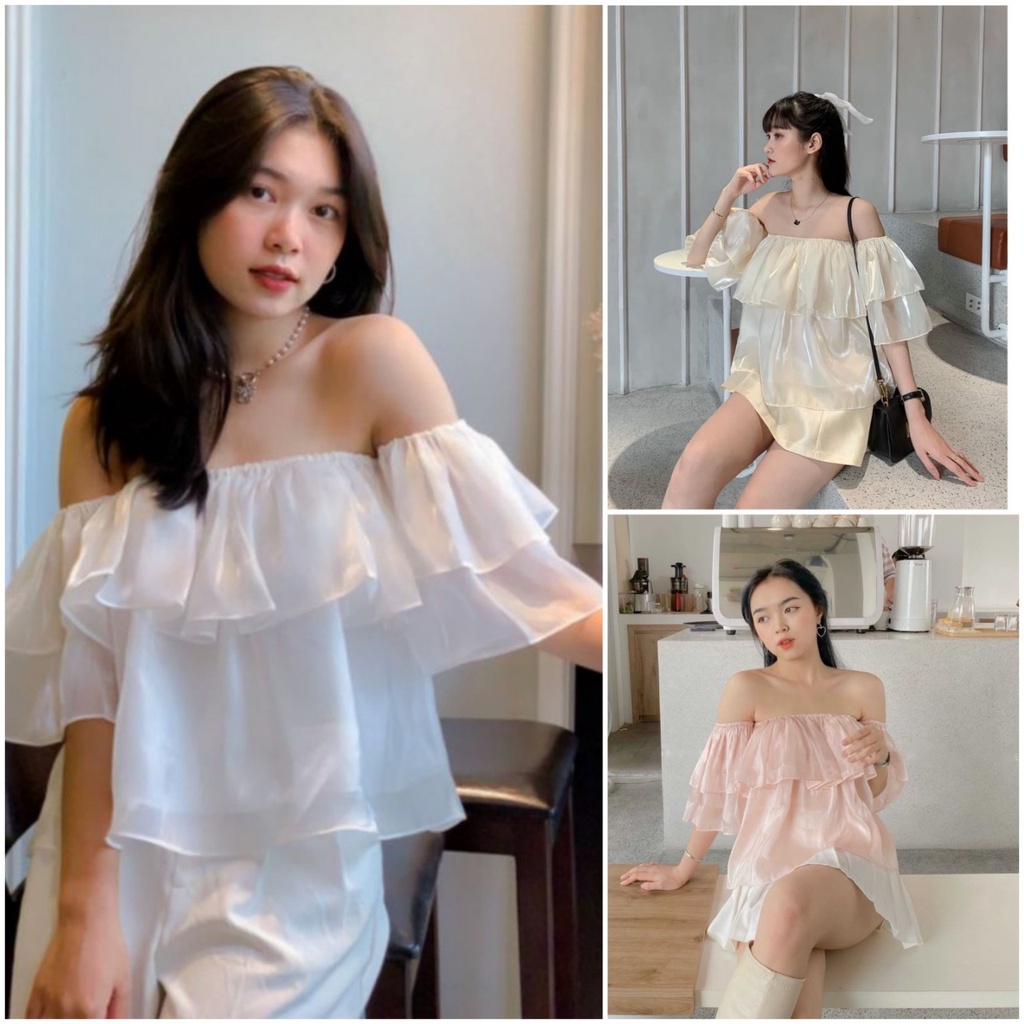 Áo trễ vai 2 tầng vải tơ, áo kiểu bánh bèo siêu xinh đẹp