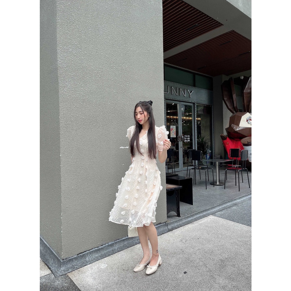 đầm nữ dáng xòe thiết kế 2 lớp . họa tiết hoa nổi