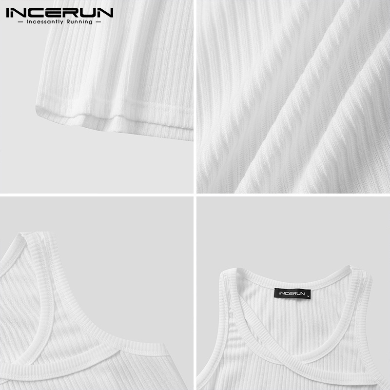 Áo thun ba lỗ INCERUN không tay dáng ôm màu trắng thời trang cho nam