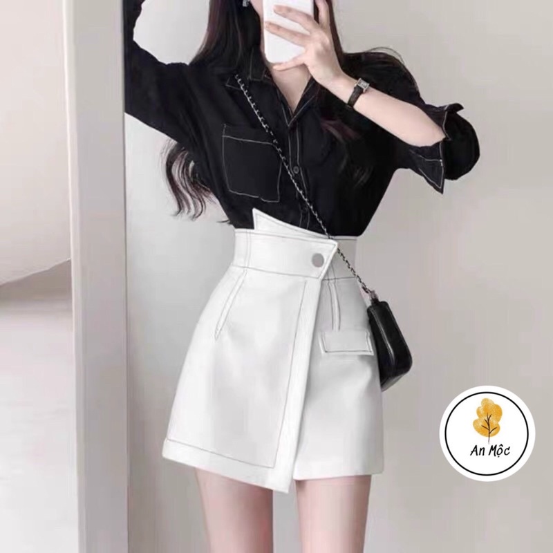 [AN MỘC] Quần váy vạt chéo phối cúc viền chỉ nổi thanh lịch cho nữ