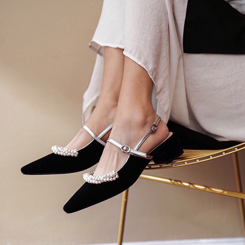 Giày sandal bít mũi viền ngọc gót cao 3p ms TH51