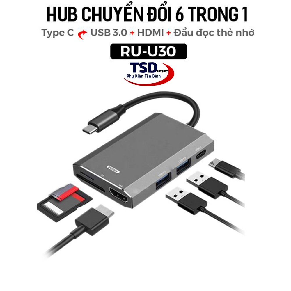 [Mã 44ELSALE2 giảm 7% đơn 300K] HUB Chuyển TypeC Ra USB 3.0, HDMI, USB C, Thẻ Nhớ Chính Hãng Remax Tốc Độ Cao