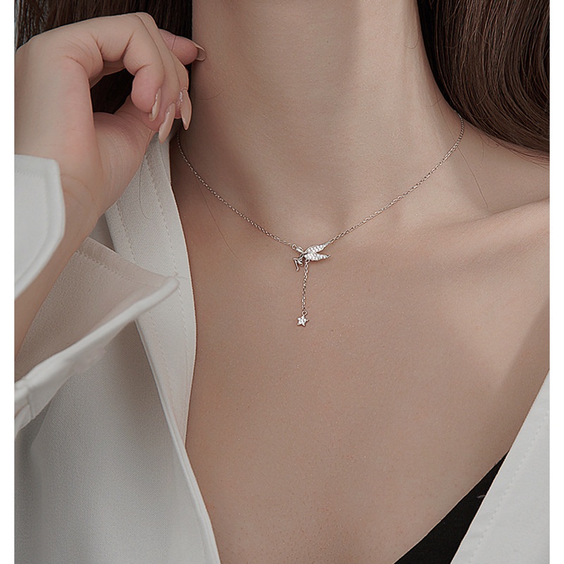 Vòng cổ Mạ Bạc 925 Mặt Hình Thiên Thần Và Ngôi Sao Phối Tua Rua Thời Trang Cho Nữ