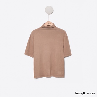 Áo len thun nâu cổ cao 3p tay cộc basic