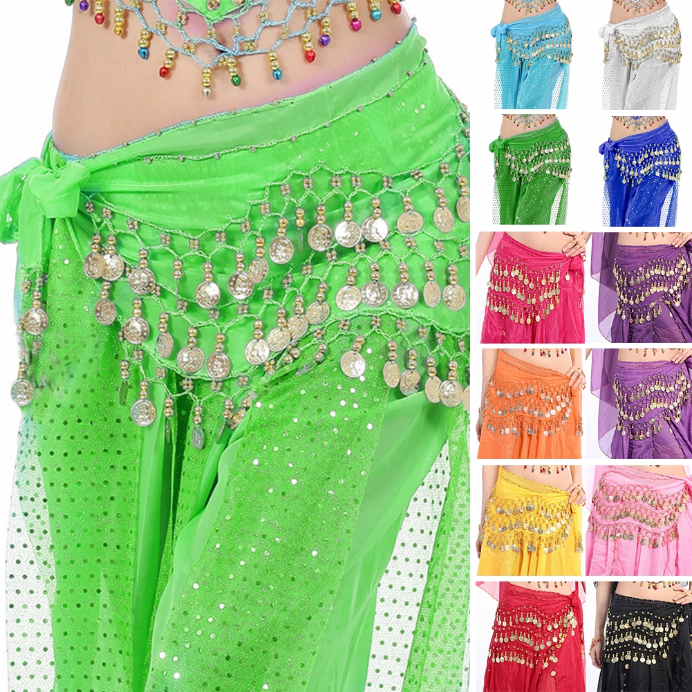 Women Belly Dance Coin 3 Rows Belt Hip Scarf Skirt Wrap Chain Dancing Costume
