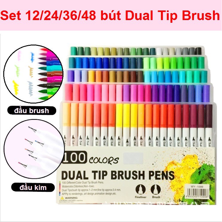 Set 12/24/48/100 Bút 2 Đầu Brush + Line Màu Dual Tip Brush Magic Fly Kháng Nước Tô Màu Bullet Journal Lông Kim Bộ Đi Nét