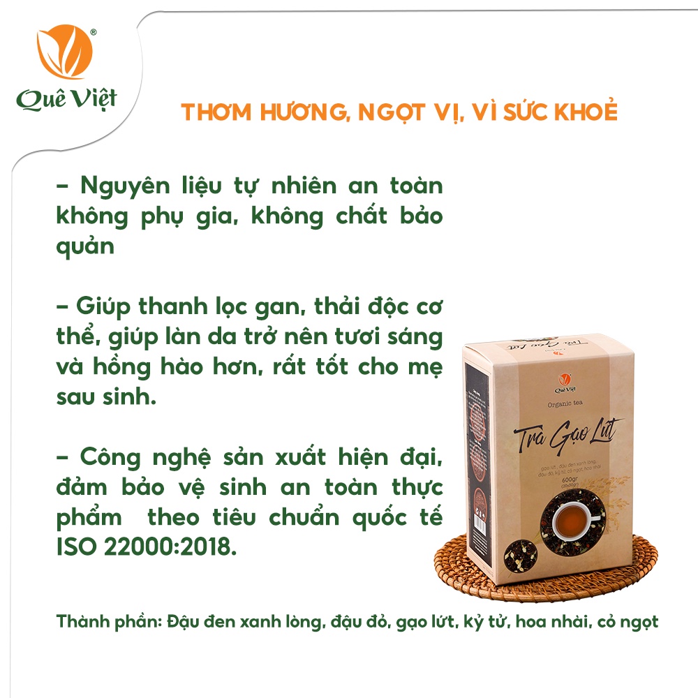 Combo 3 hộp Trà gạo lứt Quê Việt thanh lọc gan, giải độc cơ thể nguyên liệu tự nhiên an toàn (3 Hộp x 600Gr)