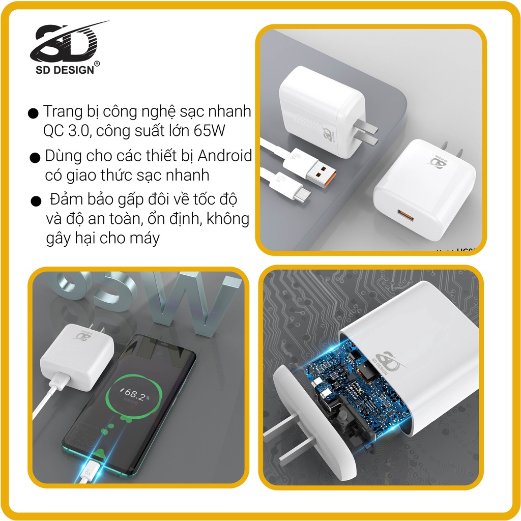 Củ sạc nhanh 65W HG05 chính hãng SD Design, sạc siêu nhanh công suất lớn, sạc đầy 68% trong 20 phút, an toàn, ổn định