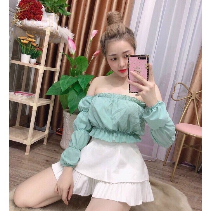 Áo Croptop Nữ Ôm Kiểu Form Rộng Thoáng Mát Bẹt Vai Đẹp | Áo Croptop Bẹt Vai Nhún Tay Kiến CT13 | Guchistore