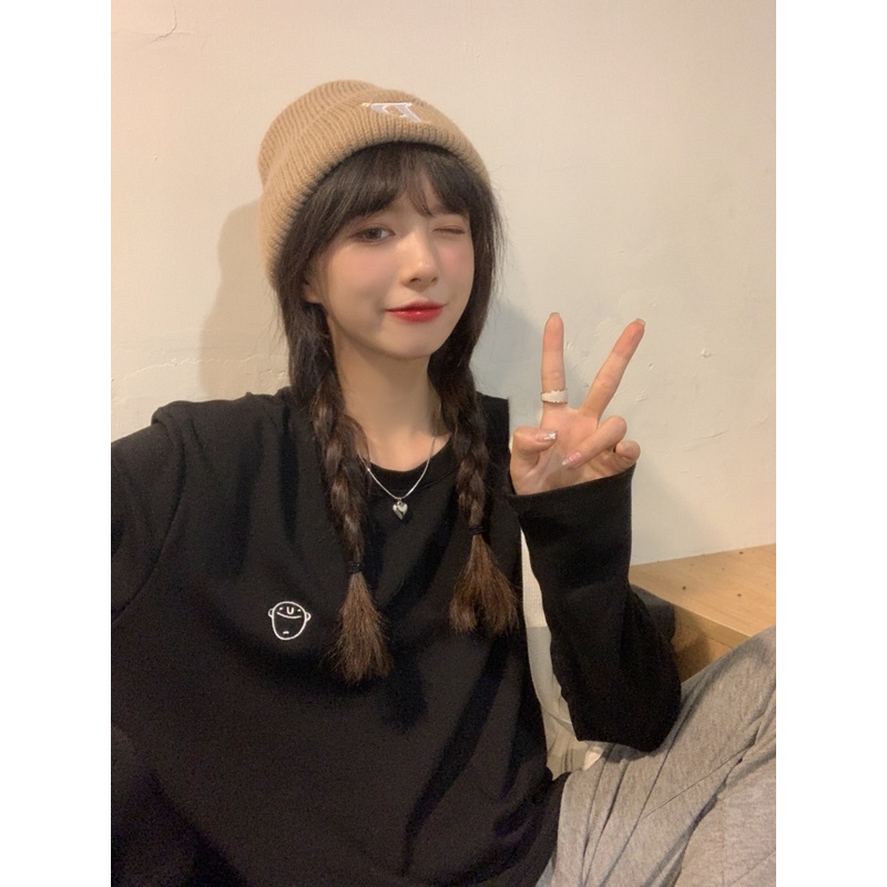 ZHELIHANGFEI Áo Thun Tay Dài Cổ Tròn Form Rộng Với Họa Tiết Thêu Đơn Giản Dễ Phối Đồ