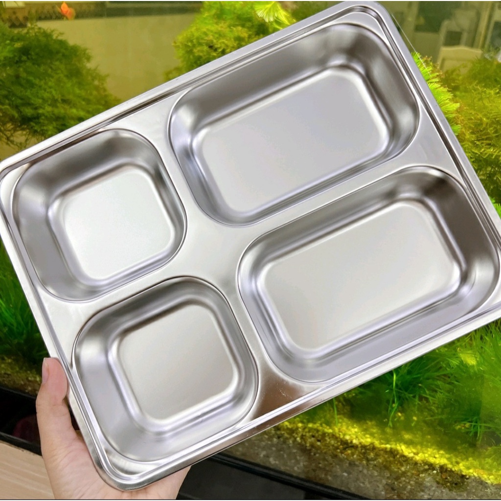 Khay inox đựng thức ăn - khay sâu lòng 4 ngăn inox 304 - khay cơm inox 4 ngăn CAO CẤP