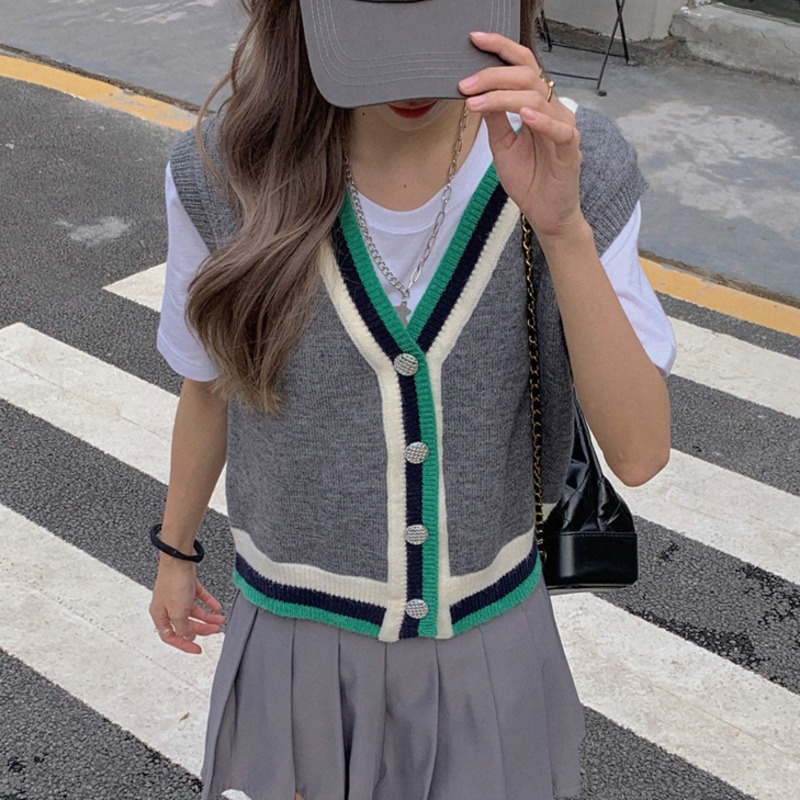 Áo khoác cardigan dệt kim không tay màu sắc tương phản thời trang mùa thu phong cách cho nữ