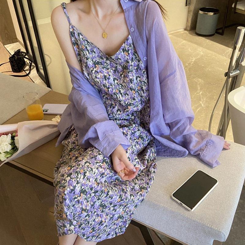 Korean Fashion Wild Floral Slim Retro V-Neck Oil Painting Picture Color Sling Dress