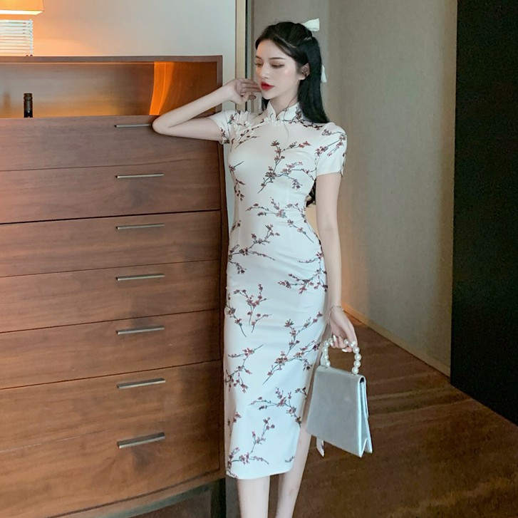 (SĂN M) Sườn xám trắng hoa nhí 2 kiểu