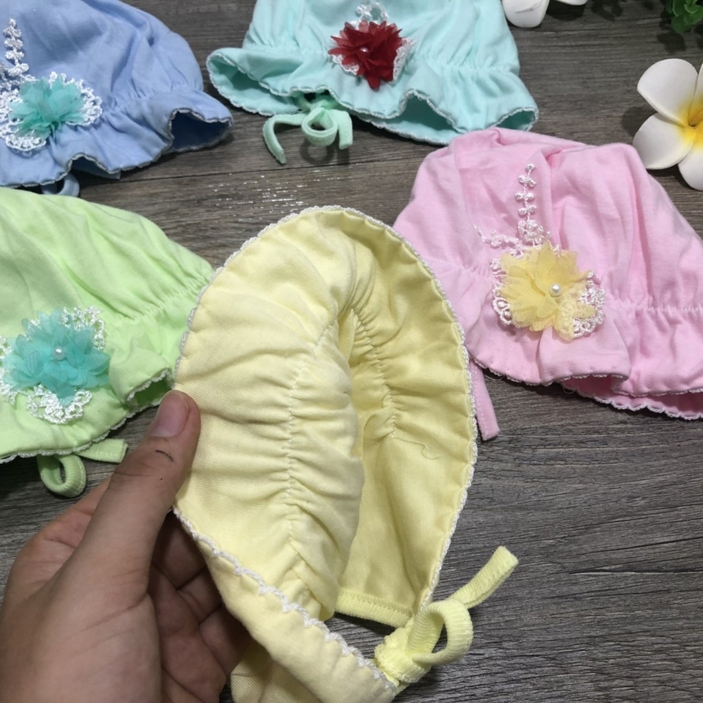 Mũ Sơ Sinh Hoa Buộc Dây Cotton Siêu Đẹp cho bé