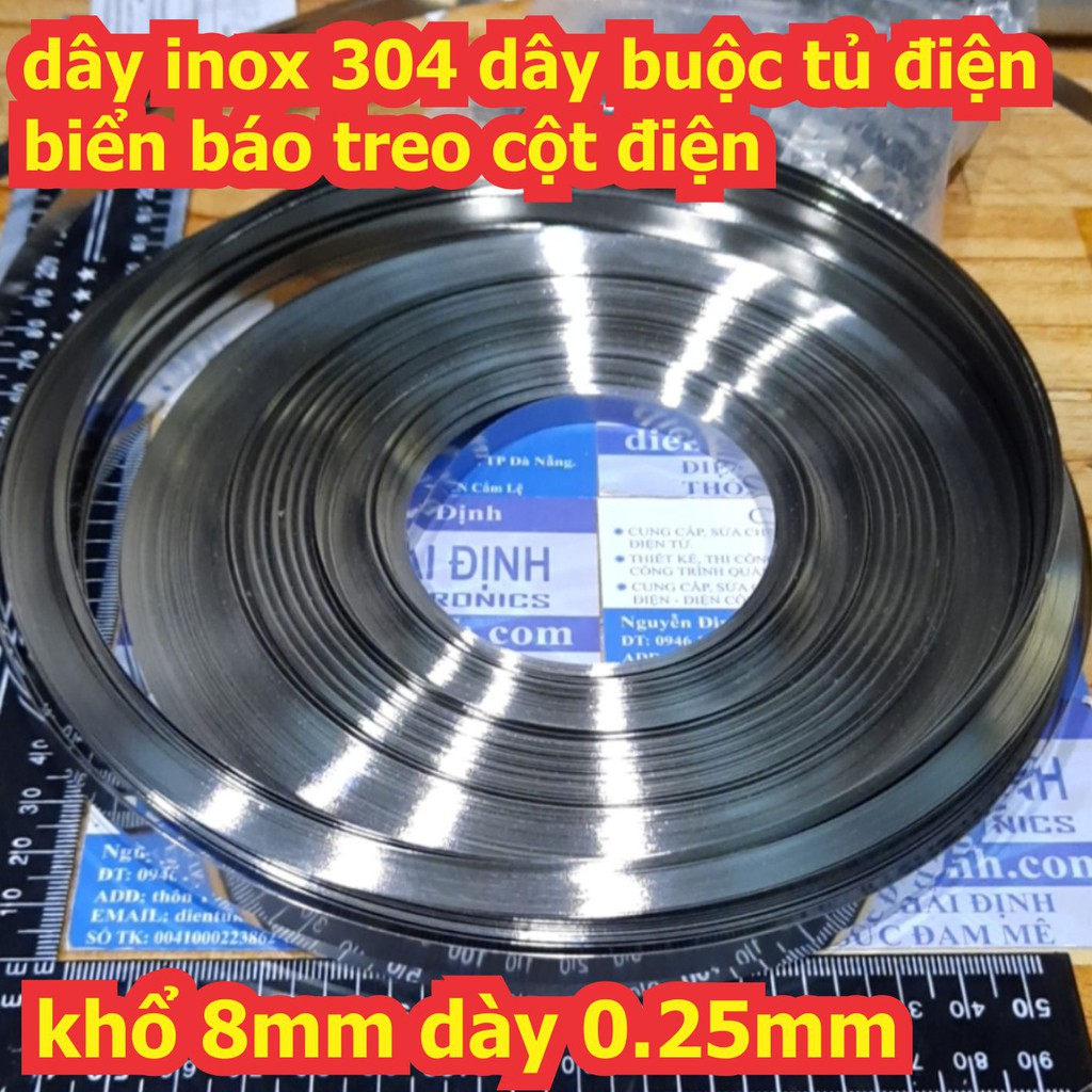 5 mét dây inox 304 dây buộc tủ điện, biển báo treo cột điện khổ 8mm dày 0.25mm (5 mét) kde6533