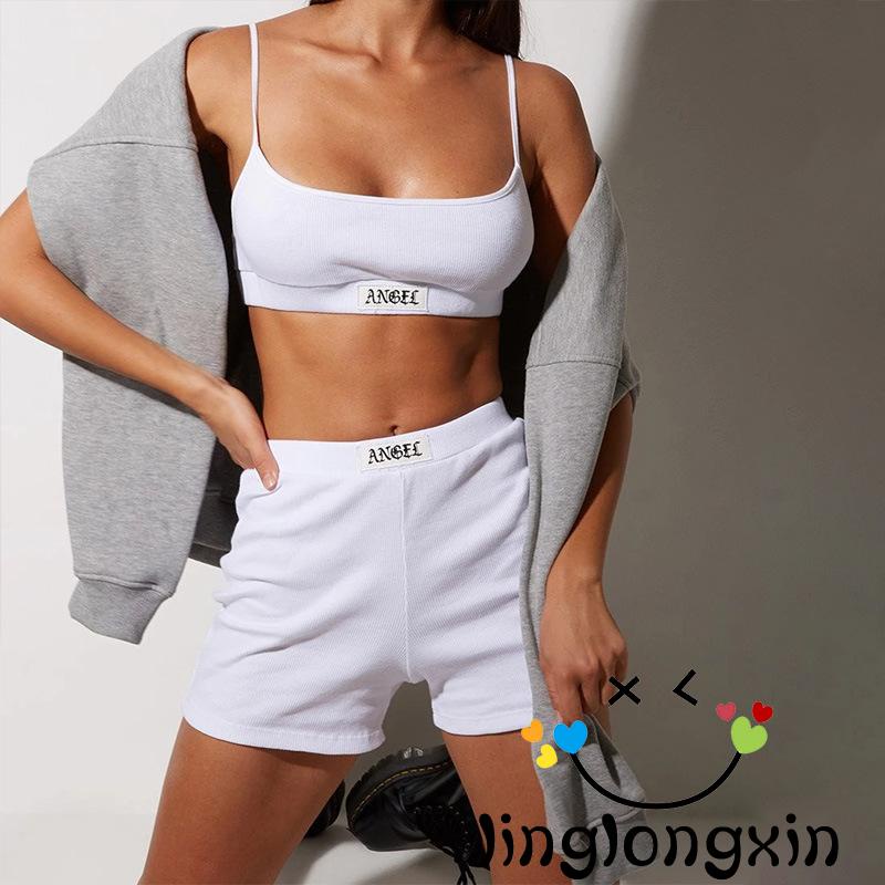Set đồ mùa hè 2 món gồm áo croptop cổ chữ u không tay in chữ + quần ngắn cho nữ