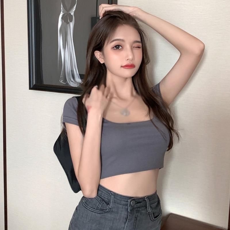 Áo Croptop Tay Ngắn Cổ Vuông Ôm Dáng Quyến Rũ Thời Trang Mùa Hè Cho Nữ