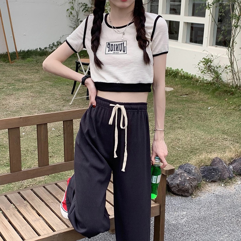 SUXI Quần ống rộng Lưng Cao Co Giãn Màu Sắc Đơn Giản Thời Trang Xuân Hè Cho Nữ