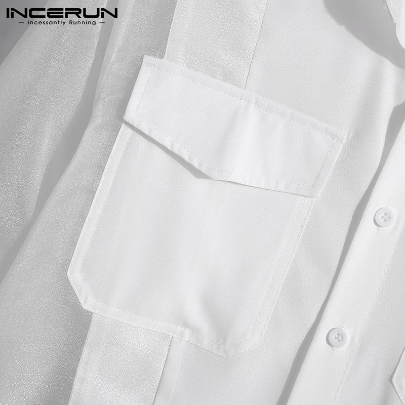 Áo sơ mi INCERUN tay dài phối lưới xuyên thấu thời trang sành điệu cho nam