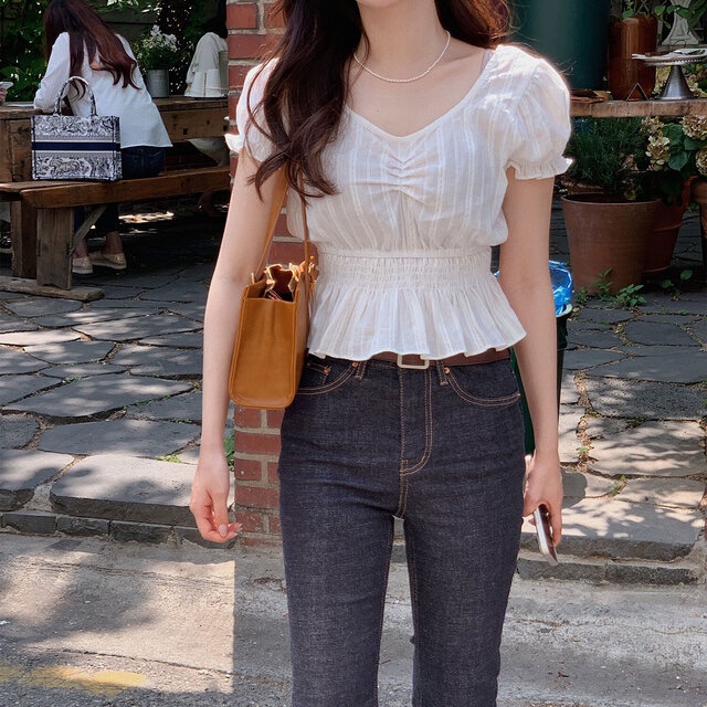 SUXI Áo Sơ Mi Tay Ngắn Cổ Chữ V Màu Sắc Đơn Giản Phong Cách Hàn Quốc