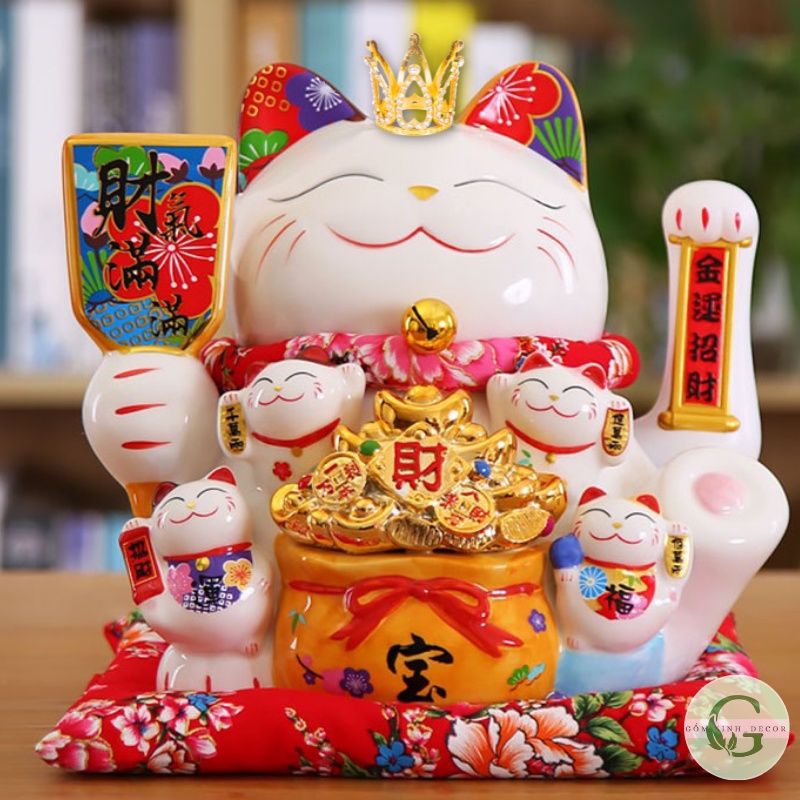 Mèo Thần Tài Mèo Vẫy Tay Mèo Đế Vương Chiêu Tài Lộc Phong Thủy Gốm Sứ Cao Cấp 25cm