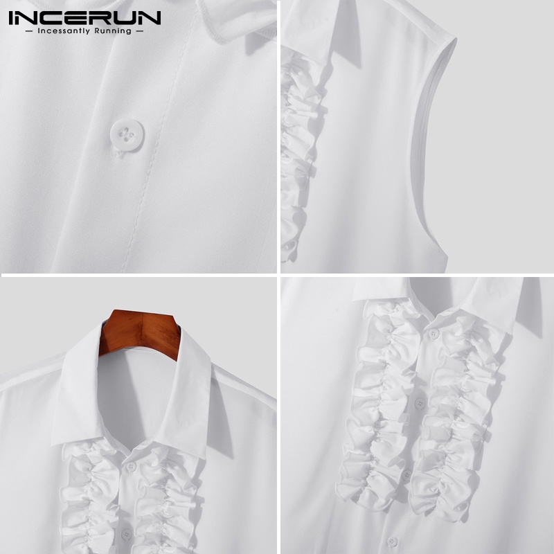 INCERUN Áo Sơ Mi Trắng Sát Nách Cổ Bẻ Cài Nút Thời Trang Cho Nam
