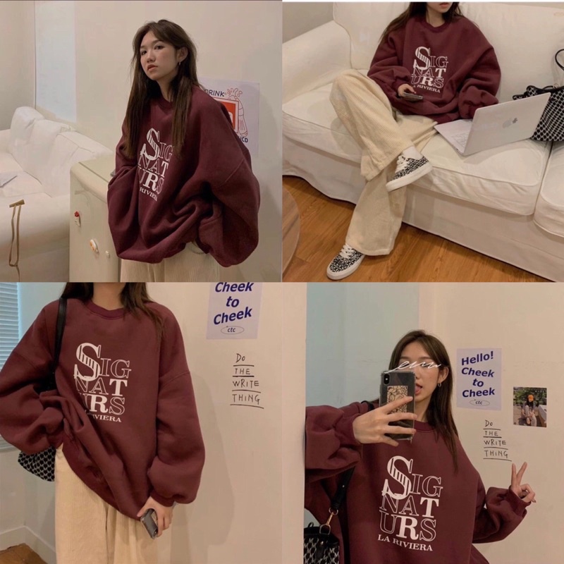 Set Nỉ SIGNATURS Nữ [FREESHIP]  Bộ đồ sweater form rộng, quần nhung tăm kèm áo nỉ ngoại màu ĐỎ Ulzzang