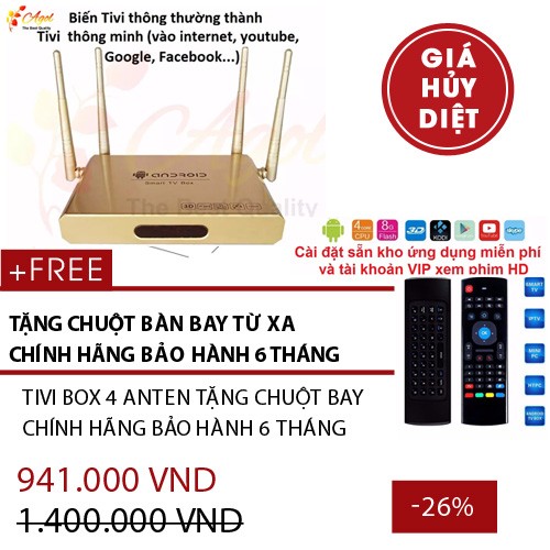 Android Tivi Box 4 anten tặng chuột bay điều khiển từ xa