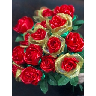 Set nguyên liệu làm 1 cành hoa Hồng ruy băng lụa - hoa lụa giả trang trí nhà cửa, chụp ảnh