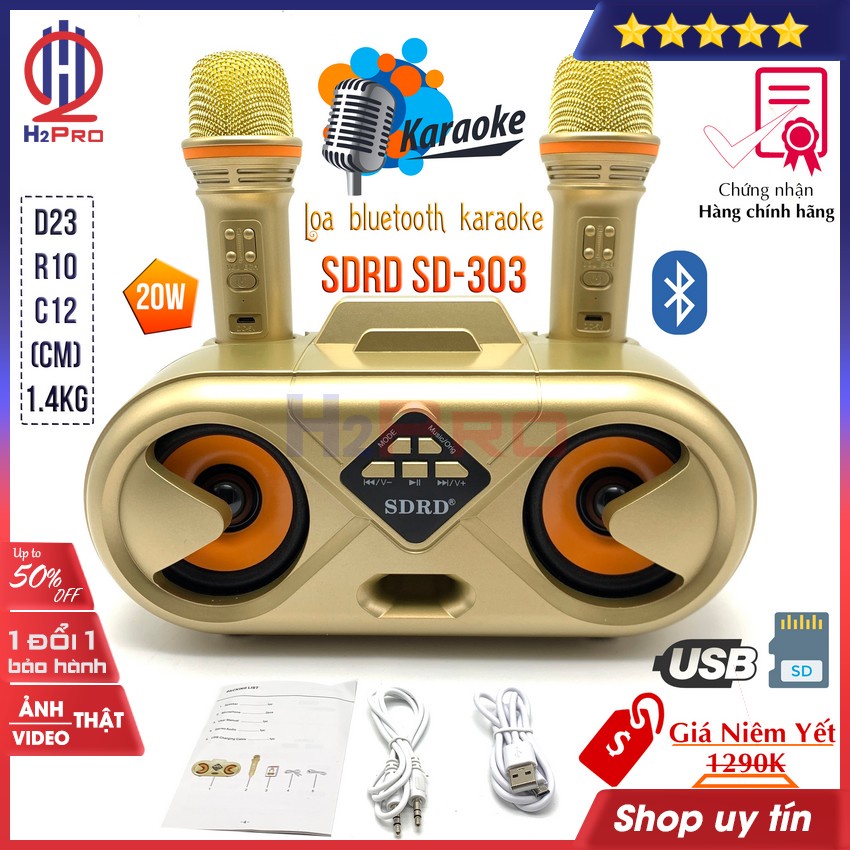 Loa bluetooth karaoke SDRD SD-303 H2pro hát tốt-2 míc-nghe nhạc hay, loa bluetooth cao cấp đa năng USB-Thẻ nhớ-pin sạc