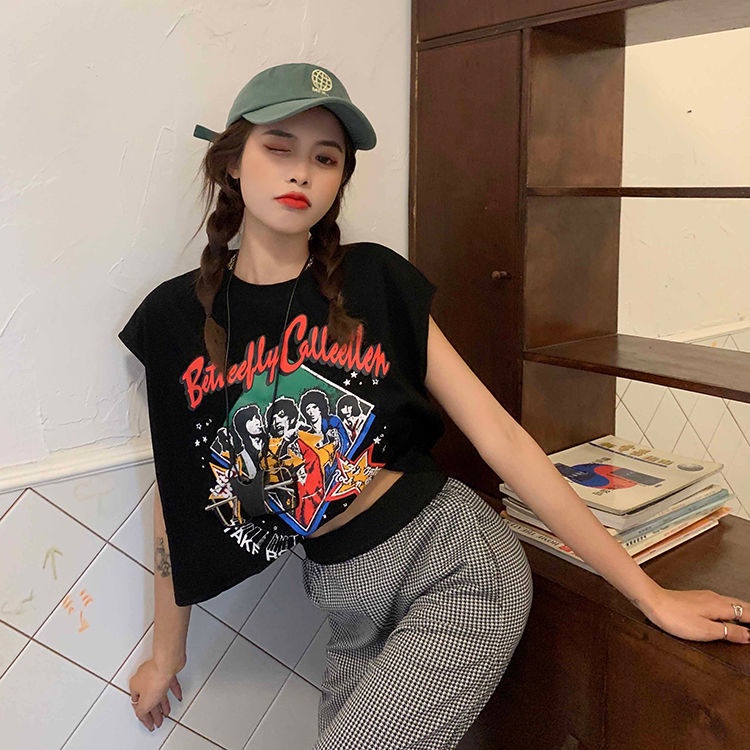 Jiashucheng Áo Thun Sát Nách Dáng Rộng In Họa Tiết Kiểu Retro Thời Trang Mùa Hè