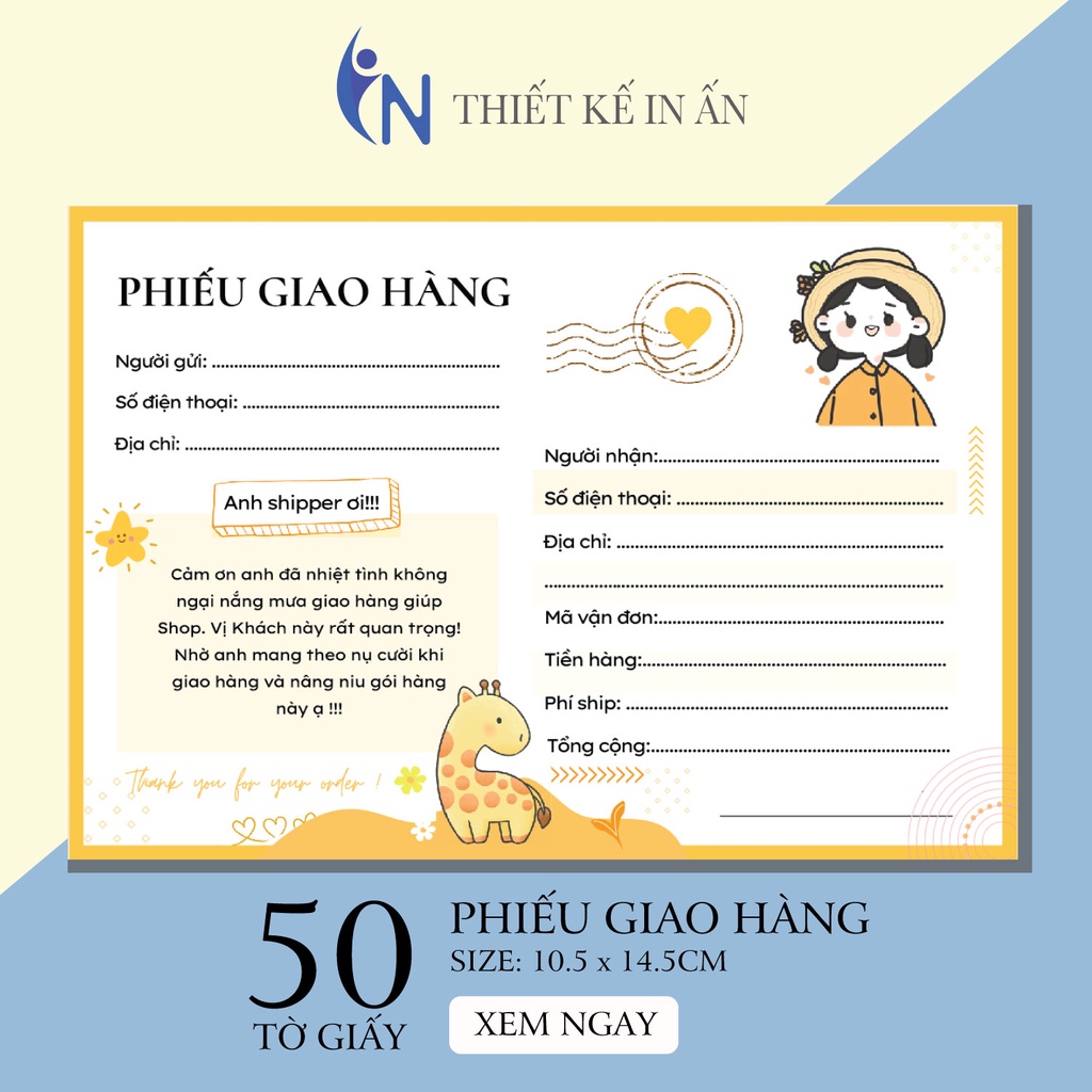 50 tờ Phiếu giao hàng không keo, size 10.5 x 14.5 cm