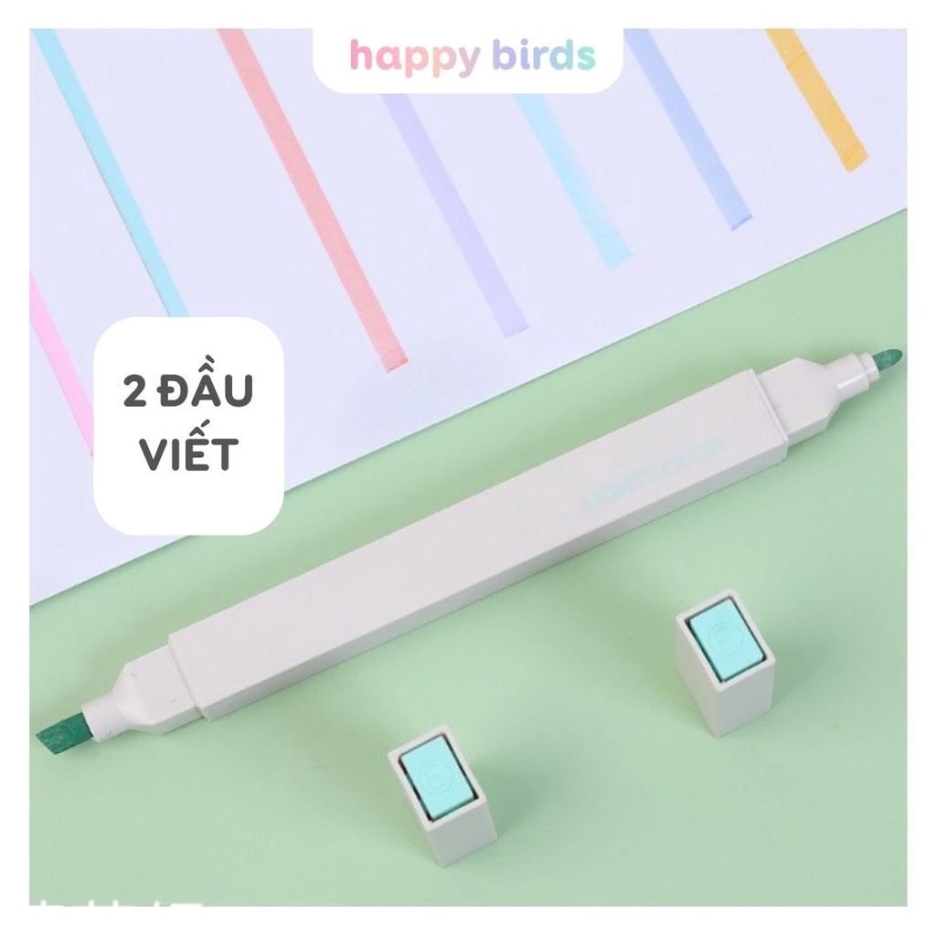 Bút highlight pastel bộ 6 bút 2 đầu thân vuông ghi nhớ đánh dấu dạ quang tặng bộ sticker trang trí DIY HappyBirds