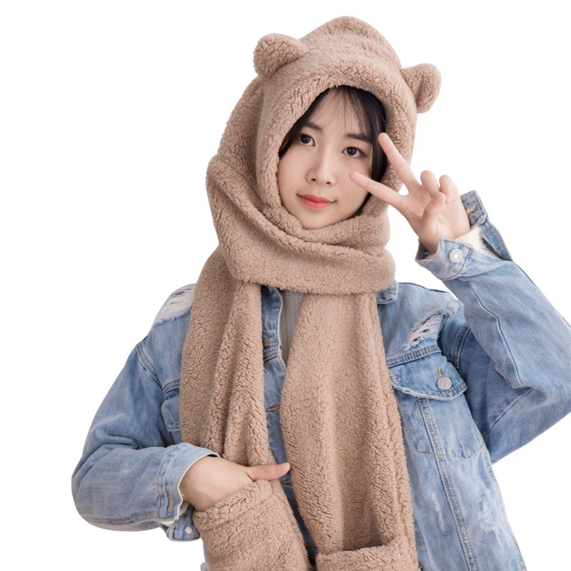 Mũ Lông Cừu Tai Gấu Kiêm Khăn Choàng Cổ và găng tay ấm áp cho mùa đông
