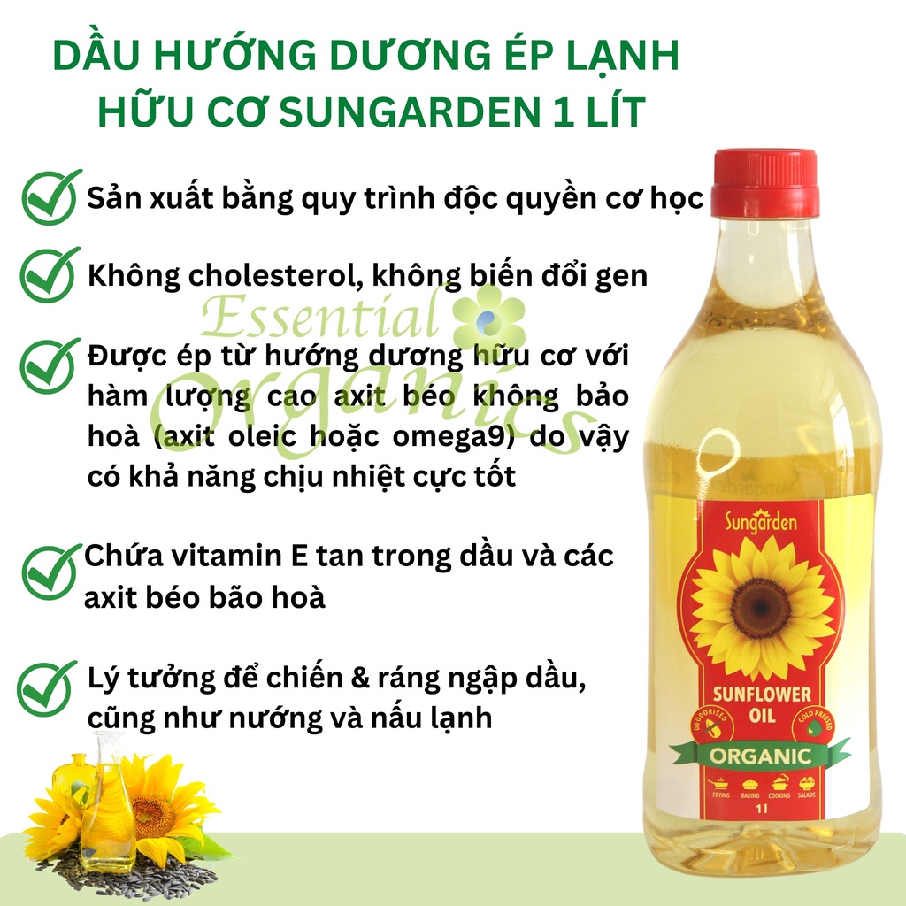 Dầu hướng dương ép lạnh hữu cơ organic Sungarden 1L (dầu ăn hướng dương dòng hữu cơ gia vị nấu nướng nhập khẩu)