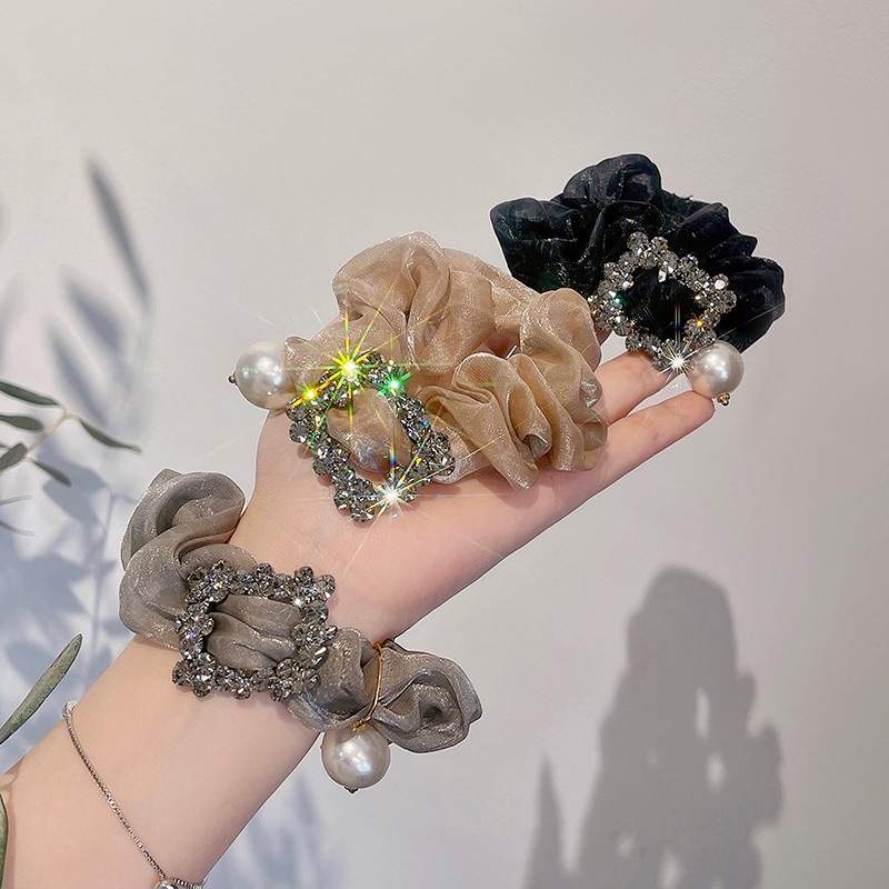 Dây Buộc Tóc Lưới Cao Su Co Giãn Đính Hạt Ngọc Trai Kiểu Hàn Quốc Cổ Điển Xinh Xắn Cho Nữ